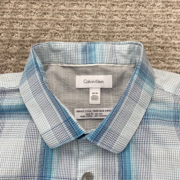 Calvin Klein Infinite Cool Shirt Men Medium M Blue White Plaid Button Up Polo - Picture 3 of 7